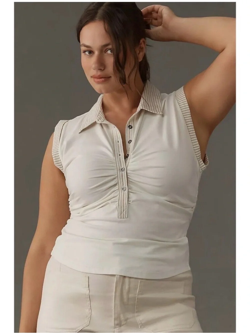 Anthropologie Pilcro Varsity Polo Tank Top Ruched Striped Sleeveless XS 280269 - Picture 2 of 14